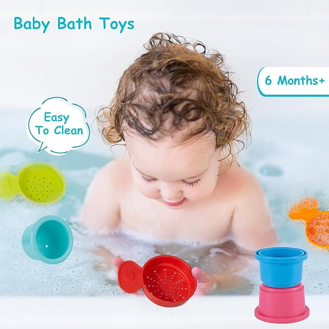 Bath Toys, 14 PCS | Safe & Educational Stacking Cups and Spoons with Numbers | Mold Free & Easy Grip Bath Toys for Baby and Toddler | Bathtub Water Toys with Early Learning Color & Shape Recognition-CubbioJoy