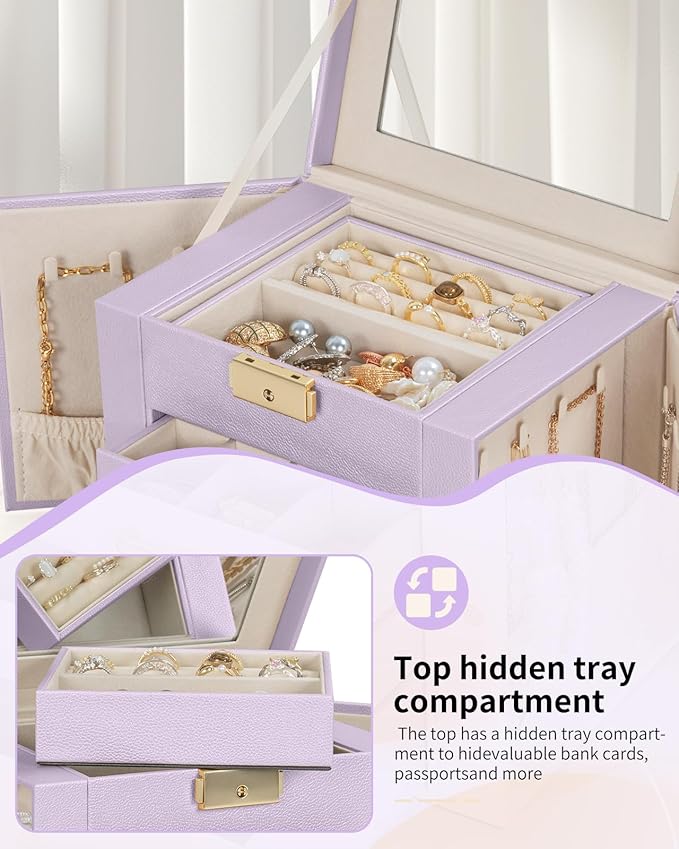 AKOZLIN 4-Tier Jewelry Box Leather Jewelry Storage Organizer with 3 Drawers Lockable for Women Girls Ring Necklace Earring Bracelet Holder with Mirror Purple-CubbioJoy