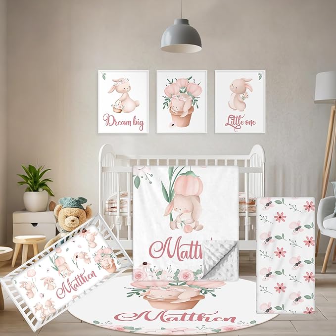 Custom Baby Crib Bedding Set - 5 Pcs Personalized Name Baby Crib Set with Double Layer Blanket - Soft Tulip Bunny Nursery Bedding Set for Girls Boys - Customized Gifts for Infants Toddlers-CubbioJoy