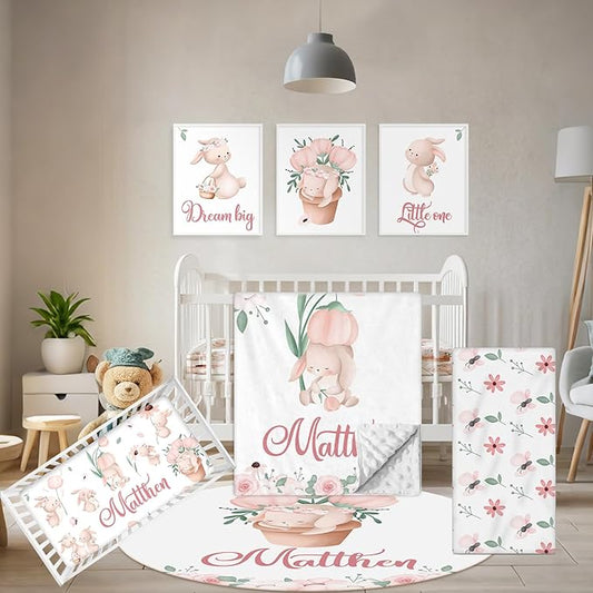 Custom Baby Crib Bedding Set - 5 Pcs Personalized Name Baby Crib Set with Double Layer Blanket - Soft Tulip Bunny Nursery Bedding Set for Girls Boys - Customized Gifts for Infants Toddlers-CubbioJoy