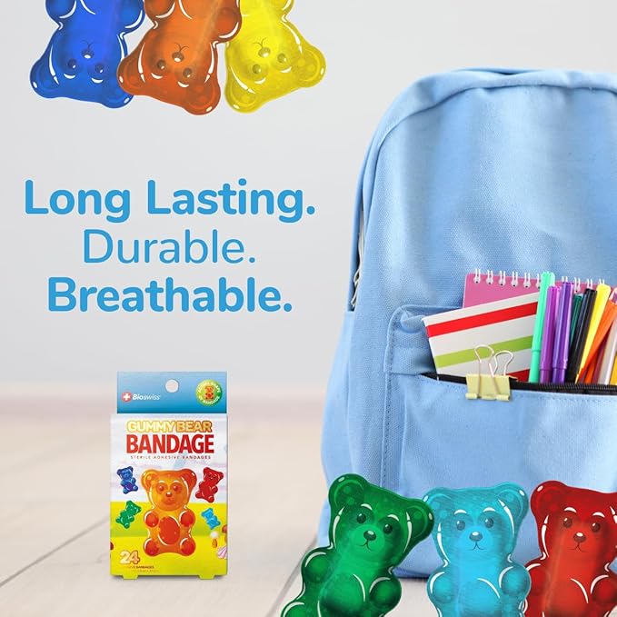 BioSwiss Bandages, Gummy Bear Shaped Self Adhesive Bandage, Latex Free Sterile Wound Care, Fun First Aid Kit Supplies for Kids, 24 Count-CubbioJoy