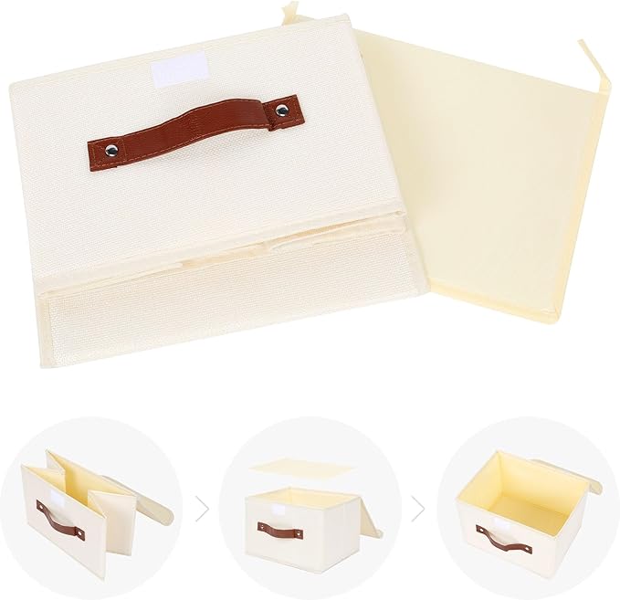 ANMINY 2PCS Storage Bins with Lid PU Leather Handles Storage Boxes PP Plastic Board Decorative Foldable Lidded Cotton Linen Fabric Home Cubes Baskets Closet Organizer Containers - Beige, Small Size-CubbioJoy