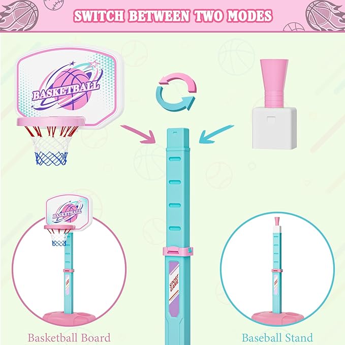 3 in 1 Basketball Hoop and Tee Ball Set for Girls: Baseball Tee with Automatic Pitching Machine Adjustable Height Outdoor and Indoor Sports Toys Christmas Birthday Gift for Kids Age 1-8 Year Old Pink-CubbioJoy