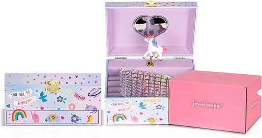 Jewelkeeper Musical Jewelry Box with Alphabet Sticker - Personalize with Names - with 1 Pullout Drawer and Spinning Unicorn Doll - Beautiful Dreamer Tune - Ideal for Kids 5 and Up - 5.37"Lx7.25"Wx4"H-CubbioJoy