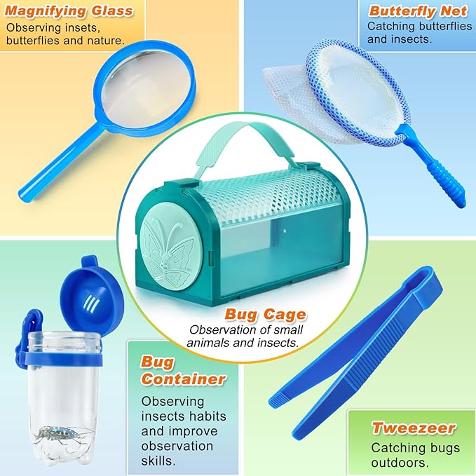 Bug Catcher Kit & Outdoor Explorer Kit for Kids, 10 Pcs Bug Catching Kit with Toy Cage, Backpack, Flashlight, Manifying Glass, Toy Net, Outdoor Exploration Toys Gift for Boys Girls 3-12-CubbioJoy