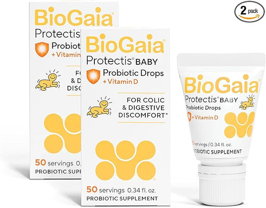BioGaia Baby Probiotic Drops - Colic & Gas Relief + Vitamin D, 50-Day Supply, Safe for Newborns, Reduces Crying, Fussing, Colic, Gas, Spit-ups & Constipation, No allergens, Dairy or Soy (Pack of 2)-CubbioJoy
