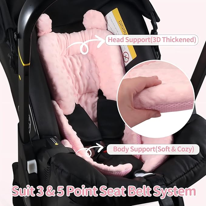 3in1 Reversible Carseat Head Body Support Newborn,3D Minnky Infant Car Seat Insert,Extra Soft Breathable Baby Car Seat Pillow Cushion Boys Girls,fit Stroller,Bouncer,Swing(Pink)-CubbioJoy
