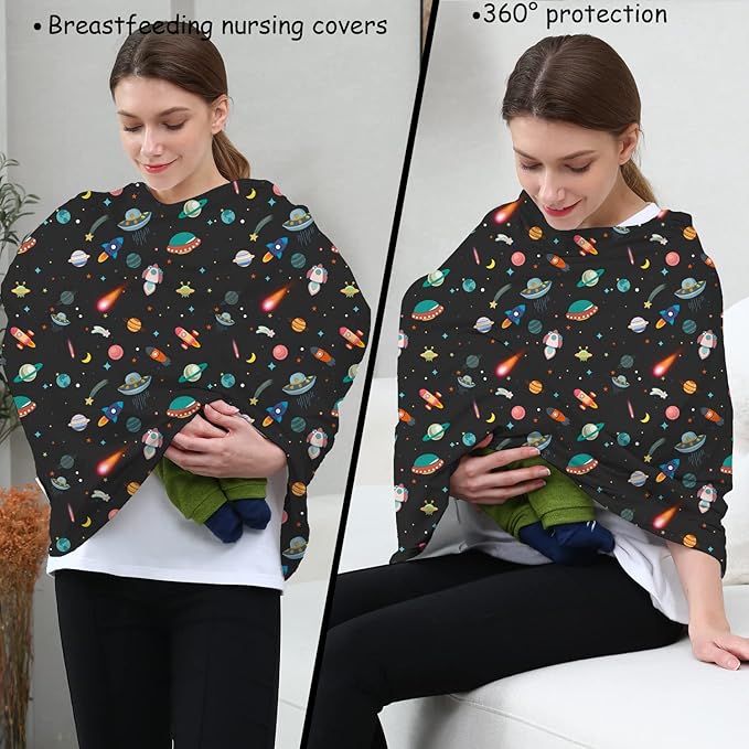 Carseat Covers Unisex - Black Creative Spacecraft Pattern Car Seat Canopy Cover for Babies, Multi-use Breastfeeding Cover, Baby Shower Gifts for Boy and Girls-CubbioJoy