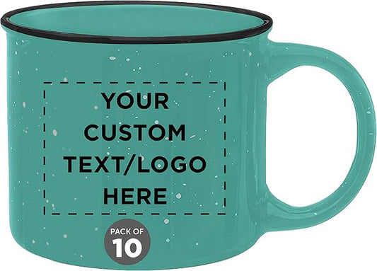 DISCOUNT PROMOS Custom Ceramic Campfire Coffee Mugs 13 oz. Set of 10, Personalized Bulk Pack - Perfect for Tea, Espresso, Cappuccino, Hot Cocoa - Mint-CubbioJoy