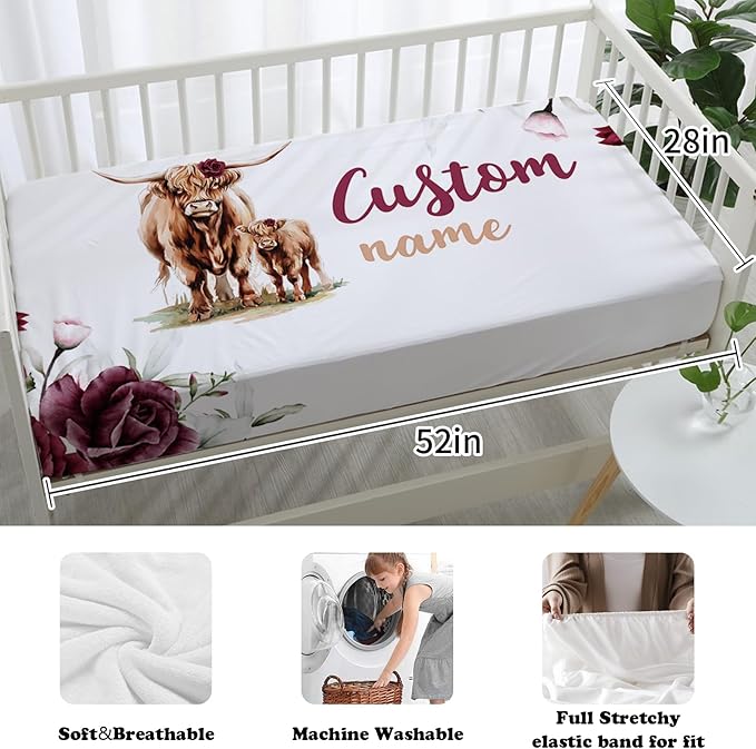 Custom Nursery Crib Bedding Set: Personalized Name 4 Piece Rose Highland Cow Design Baby Crib Sets for Girls - Toddler Double Layer Blanket Set, Comfortable Crib Bed Sheets for Baby Toddlers-CubbioJoy