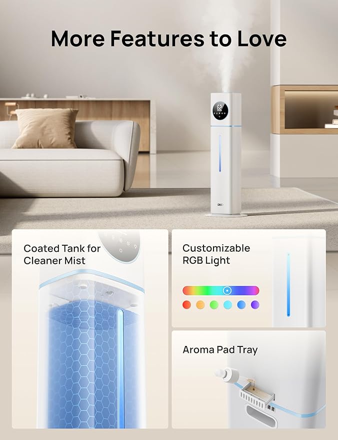 Dreo 11L Smart Humidifier Large Room 700 ft², 100H Cool Mist Air Humidifiers for Bedroom, Top-Fill Self-Cleaning Tank, 26dB, Auto Mode, Aroma Box, RGB Light, Remote & APP Control, Baby, Plant, Blue-CubbioJoy