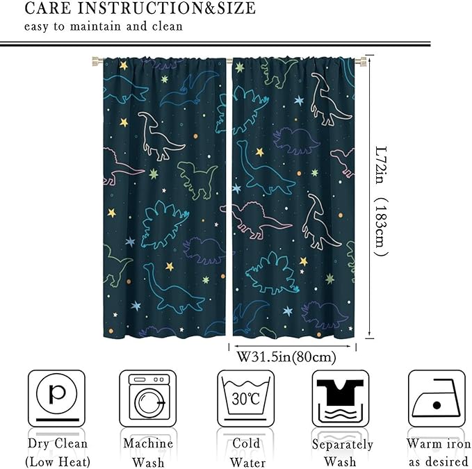 Cartoon Colorful Dinosaur Curtains for Kids Boys Girls Home Decor, Astronaut Funny Outer Space Star Blackout Rod Pocket Window Drapes for Bedroom Living Room W31.5xL72in 2 Panels-CubbioJoy