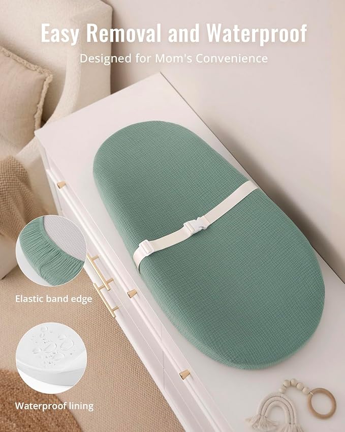 Blissful Diary Muslin Baby Changing Pad with Waterproof Lining Foam, Diaper Changing Table Pad with Cover for Dressers (Roman Green, Avocado)-CubbioJoy