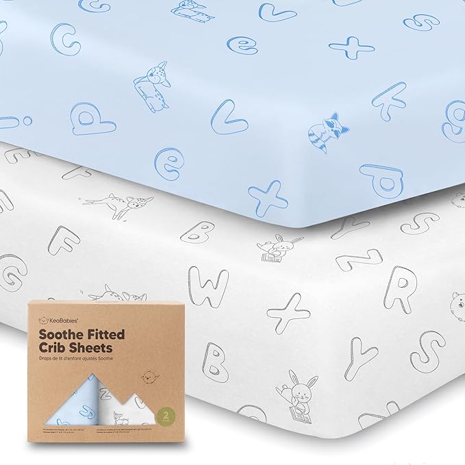 KeaBabies 2-Pack Organic Crib Sheets for Boys, Girls - 52x28 Fitted Crib Mattress Sheet Neutral, Breathable Jersey Cotton Cover for Baby Bed, Toddler Mattress, Soft & Cute Prints (ABC Land Sky)-CubbioJoy