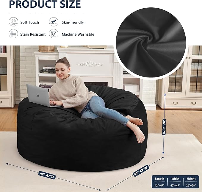 4FT Bean Bag Chair, Large Bean Bag Chairs with Memory Foam Filled, Fluffy Beanbag Sofa with Dutch Velvet Cover, Round BeanBag Chairs for Living Room, Playroom - Black-CubbioJoy