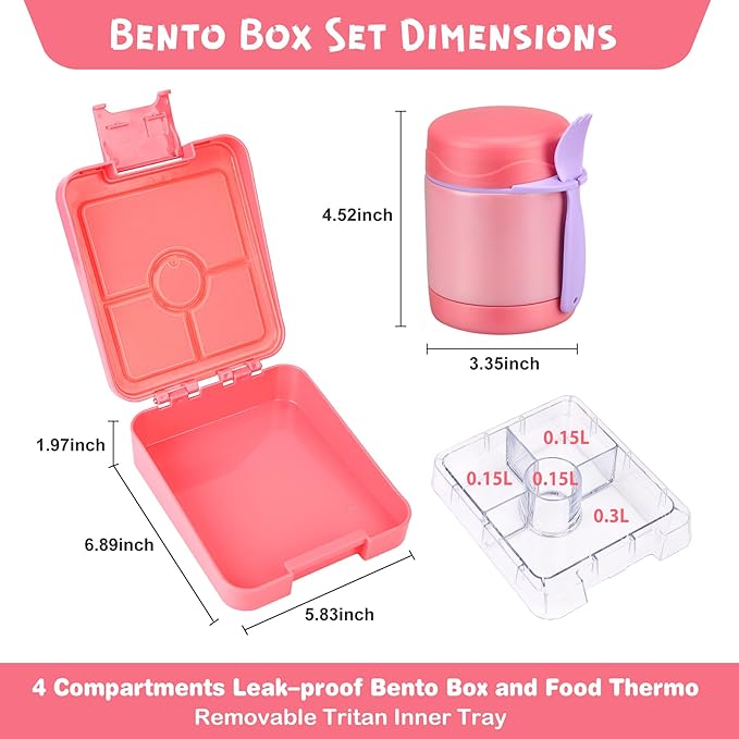 Bento Lunch Box Set With 10oz Soup Thermo, Leak-proof Lunch Containers with 4 Compartment, Kids Hot Thermo Food Jar/Insulation Lunch Bag, Food Containers for School（Solid）-CubbioJoy