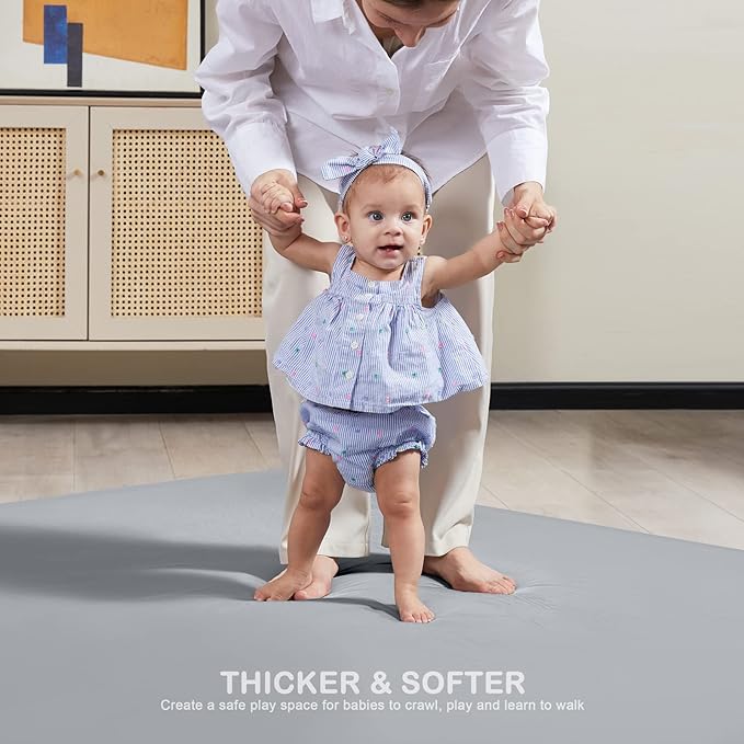 ANGELBLISS Baby Playpen Mat, Self-Inflating Play Mat for Babies and Toddlers, Roll Up & Waterproof Foam Crawling Mat for Floor, Portable Playmat for Babies with Travel Bag Grey (50×50in)-CubbioJoy