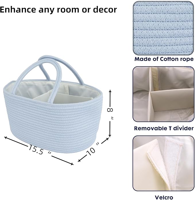 Diaper Caddy Organizer Cotton Rope Baby Basket Nursery Storage and Portable Tote Bag for Car Ideal Baby Shower Gifts and Registry Must-Have for Newborn Essentials Large blue-CubbioJoy