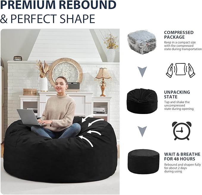 4FT Bean Bag Chair, Large Bean Bag Chairs with Memory Foam Filled, Fluffy Beanbag Sofa with Dutch Velvet Cover, Round BeanBag Chairs for Living Room, Playroom - Black-CubbioJoy