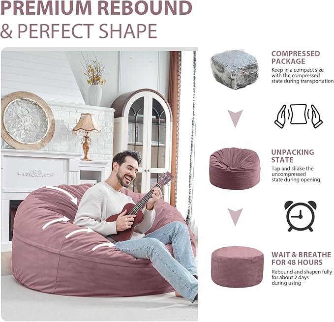 5FT Bean Bag Chair, Large Bean Bag Chairs with Memory Foam Filled, Fluffy Beanbag Sofa with Dutch Velvet Cover, Round BeanBag Chairs for Living Room, Playroom - Dusty Pink-CubbioJoy