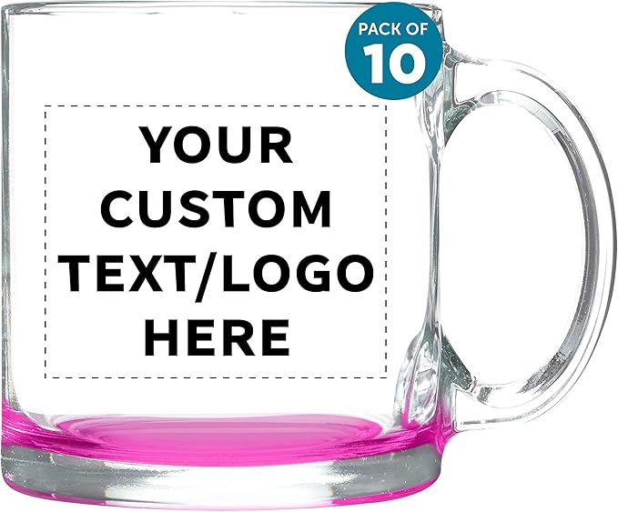 Custom Libbey Clear Glass Coffee Mugs 13 oz. Set of 10, Personalized Bulk Pack - Perfect for Coffee, Tea, Espresso, Hot Cocoa, Other Beverages - Pink Bottom-CubbioJoy