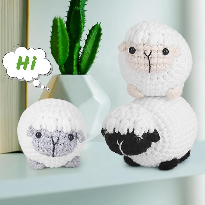 Crochet Kit for Beginners, Crochet Starter Kit with Step-by-Step Video Tutorials, Amigurumi Crochet DIY Knitting Supplies for Adults Kids, 3-Pack Little Lambs (40%+ Yarn)-CubbioJoy