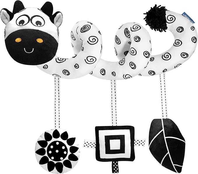 Car Seat Toys for Babies 0-6 Months,Hanging Rattle Toys for Crib Mobile, Baby Spiral Hanging Stroller Black and White High Contrast Toys for Newborn 0 3 6 9 12 Months Baby Boys Girls (Cow)-CubbioJoy