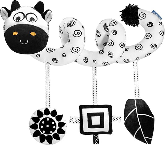 Car Seat Toys for Babies 0-6 Months,Hanging Rattle Toys for Crib Mobile, Baby Spiral Hanging Stroller Black and White High Contrast Toys for Newborn 0 3 6 9 12 Months Baby Boys Girls (Cow)-CubbioJoy