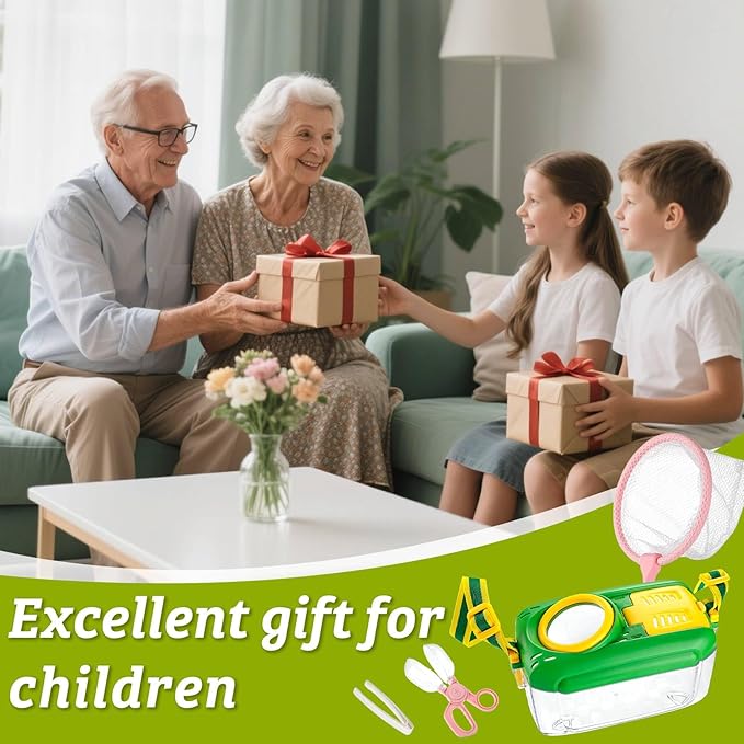 2 Set Bug Catcher for Kids- Educational Bug Catching Kit Including Butterfly Net, Insect Clip, Tweezer, Outdoor Toys for Kids Ages 3-10 (Pink & Green)-CubbioJoy