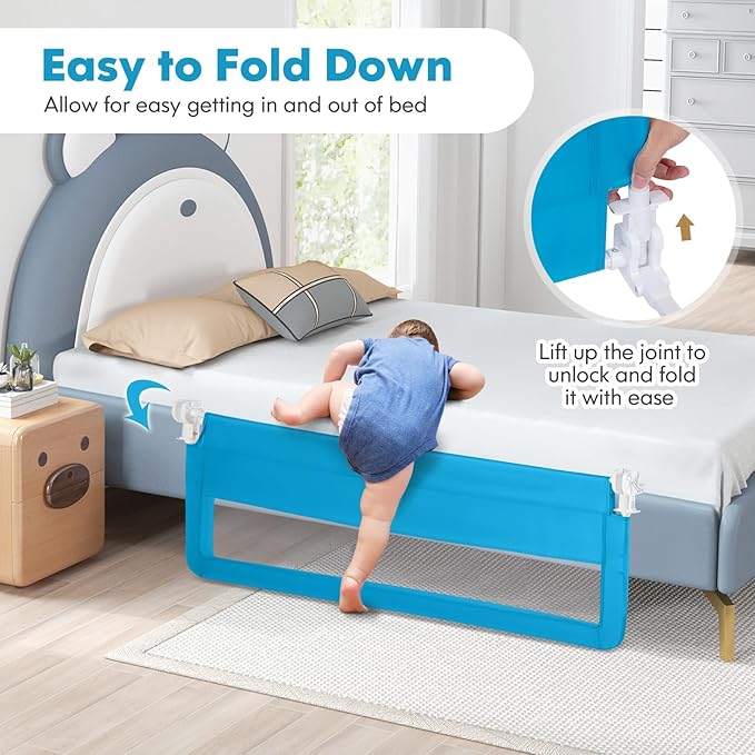 BABY JOY Bed Rails for Toddlers, 59'' Extra Long, Swing Down Bed Guard w/Safety Straps, Folding Baby Bedrail for Kids Twin, Double, Full Size Queen & King Mattress (Blue, 59-Inch)-CubbioJoy