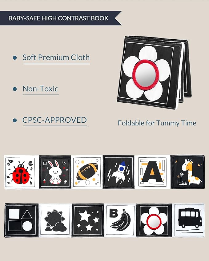 Infinno High Contrast Baby Toys for Newborn, Tummy Time Mirror Black and White Toys for 0-6 Months, Visual Sensory for Infant 0-3-6 Months, Newborn Baby Registry Essential Stuffers-CubbioJoy