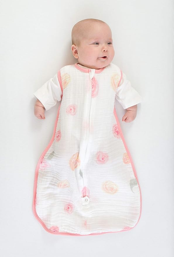 Amazing Baby Cotton Muslin Sleeping Sack, For Baby Girl, Wearable Blanket with 2-way Zipper, Watercolor Roses, Pink, Small (0-6 Month)-CubbioJoy
