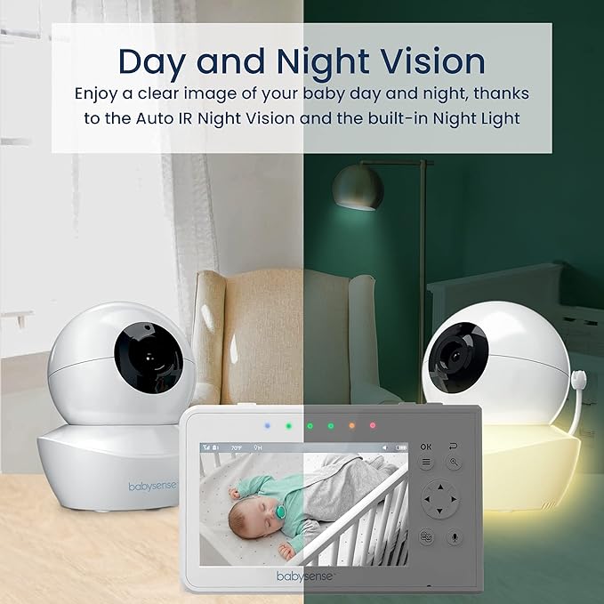 Babysense Baby Monitor with 2 Cameras and Audio 4.3", Non Wifi Baby Monitor, Dual Split Screen, Portable Double Sleep Video Monitoring, Auto Night Vision & Light, Lullabies & White Noise Two-Way Audio-CubbioJoy