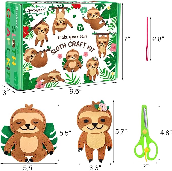 CiyvoLyeen Sloth Sewing Craft Kit Jungle Animal DIY Craft Sewing Kit for Girls and Boys Educational Sewing Kits for Kids Age 8 9 10 11 12 Craft Kit Includes 8 Projects-CubbioJoy