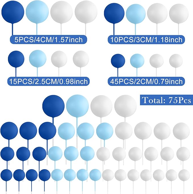 75 Pieces Cake Balls Topper Decorations Foam Cupcake Topper Mini Balloon Cake Topper Balls Cake Picks for Cake Deco Birthday Party Wedding（Royal Blue, Light Blue, White）-CubbioJoy