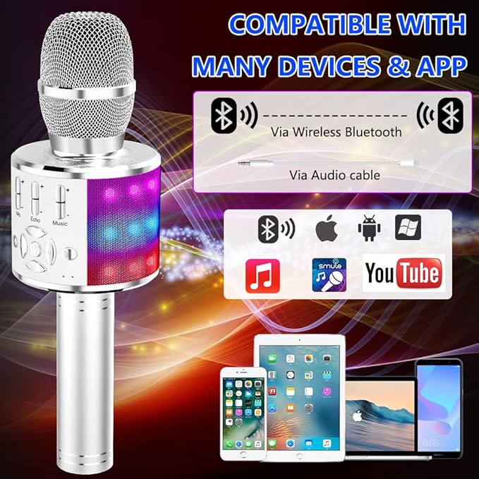 Amazmic Kids Karaoke Microphone Machine Toy Bluetooth Microphone Portable Wireless Karaoke Machine Handheld with LED Lights, Gift for Children Adults Birthday Party, Home KTV(Silver)-CubbioJoy