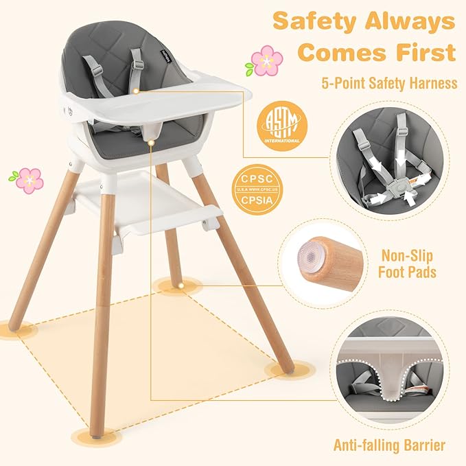 BABY JOY Baby High Chair, 6 in 1 Convertible Wooden High Chair for Babies & Toddlers with Adjustable Legs, Double Removable Tray, Safety Harness & Waterproof PU Cushion (White)-CubbioJoy