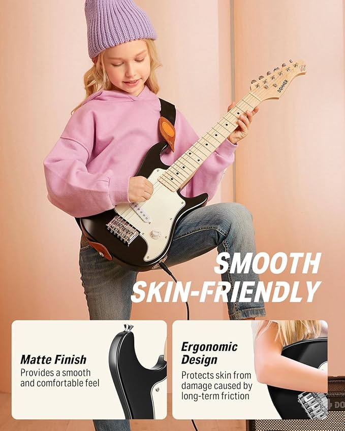 Donner 30 Inch Kids Electric Guitar Beginner Kits ST Style Mini Electric Guitar for Boys Girls with Amp, 600D Bag, Tuner, Picks, Cable, Strap, Extra Strings, DSJ-100, Black-CubbioJoy
