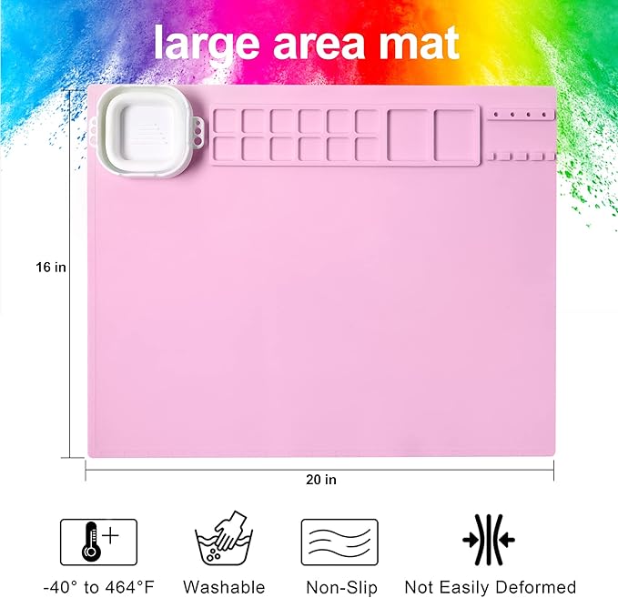AWOKE Silicone Painting Mat for Table Protection - 20"X16" Washable Art Mat with 1 Water Cup for Kids - Craft Mat has 12 Color Dividers - 2 Paint Palettes (Pink), Toddler Activities, Girl Boy Gifts-CubbioJoy