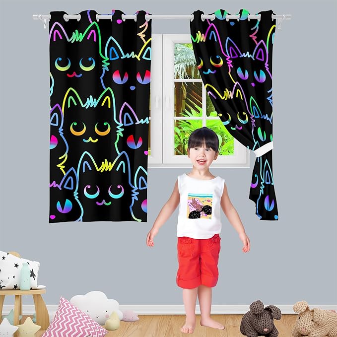 Cat Curtain Panels for Girls - 2Pcs Cat Blackout Curtains for Girls Bedroom, 82" W x 63" L-CubbioJoy