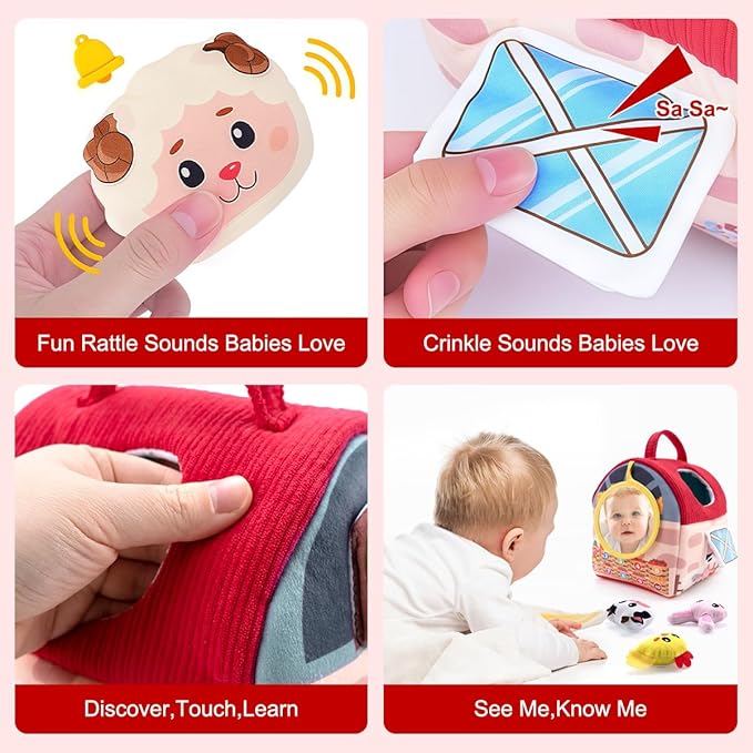 Baby Toys 6-12 Months – Montessori Sensory Barn with Plush Farm Animals, Rattles, Crinkle & Mirror – 1st Birthday Gift or Easter Basket Stuffer for Babies-CubbioJoy