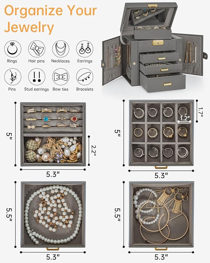 AKOZLIN 4-Tier Jewelry Box Leather Jewelry Storage Organizer with 3 Drawers Lockable for Women Girls Ring Necklace Earring Bracelet Holder with Mirror Dark Grey-CubbioJoy