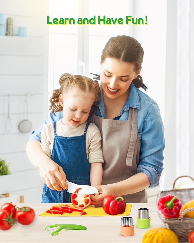 26 Pcs Kids Knife Set, Montessori Kitchen Tools for Toddlers' Real Cooking, BPA Free Knife Set Includes Crinkle Cutters Kid Safe Knives Cutting Board Peeler, Kitchen Tools for 4+ Year Old Girl Boy-CubbioJoy