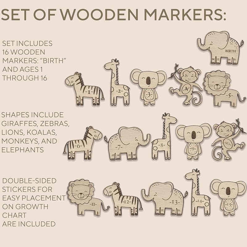 3D Wooden Growth Ruler Markers for Kids Height Measurement, Safari Shapes for Boys Nursery.-CubbioJoy