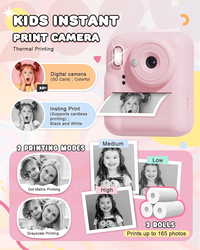 JOYJAM Kids Camera Instant Print, Upgrade Dual-Lens Selfie Digital Camera for Kids, HD 1080P, Christmas Birthday Gifts Toys for Girls Age 3-12, Toddler Portable Toy with SD Card 3 Rolls Print Paper-CubbioJoy