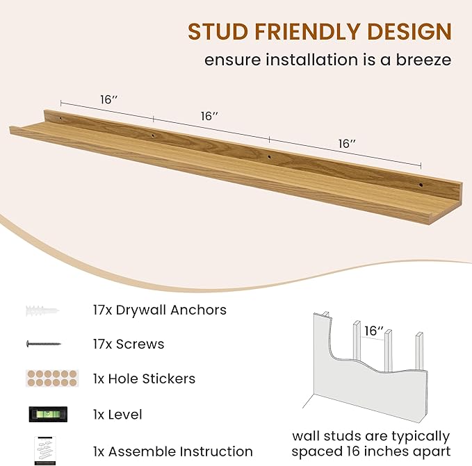 Axeman Picture Ledge Shelf, Floating Shelves for Wall Decor Storage Set of 6, 55 inch Floating Wall Mounted Shelves, Shelves with Lip for Living Room, Bedroom, Nursery, Bathroom, Kitchen, Oak-CubbioJoy