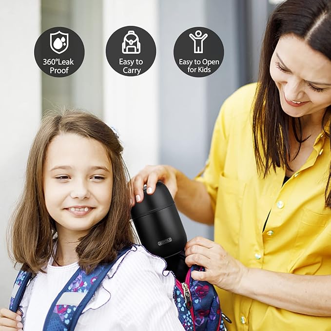 17 oz Insulated Lunch Containers, Black, Vacuum Stainless Steel Thermo Lunch Box with Handle and Folding Spoon for School, Office, Travel-CubbioJoy