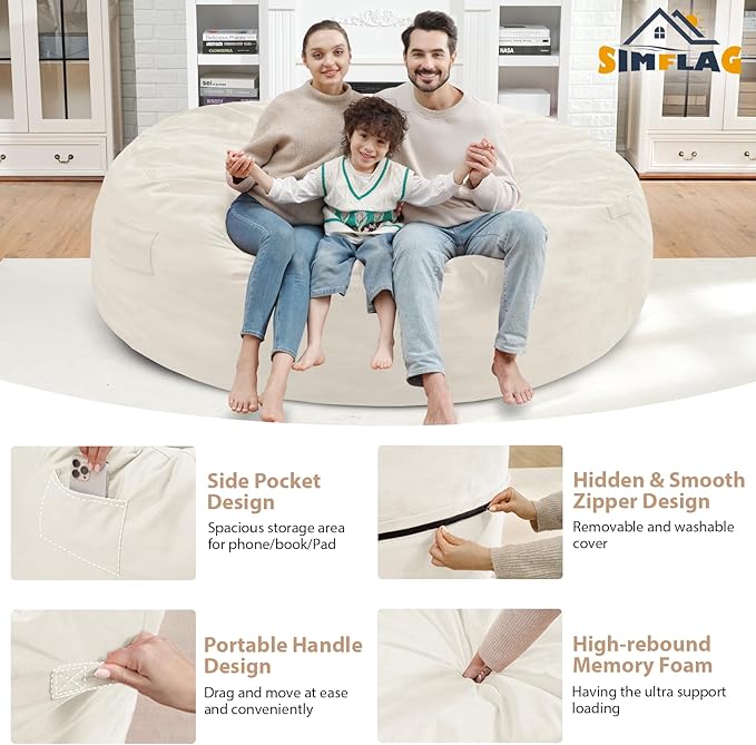 7FT Bean Bag Chair, Large Bean Bag Chairs with Memory Foam Filled, Fluffy Beanbag Sofa with Dutch Velvet Cover, Round BeanBag Chairs for Living Room, Playroom - Beige-CubbioJoy