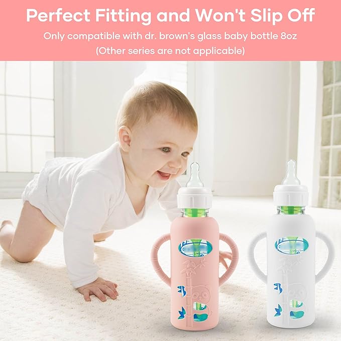 2 Pack Silicone Sleeves for Dr. Brown's Glass Baby Bottles, Anti Breakage Durable Baby Bottle Holder with Easy Grip Handles, Narrow Sleeve with a Cutout, Dishwasher/Freezer/Microwave Safe, 8 oz-CubbioJoy