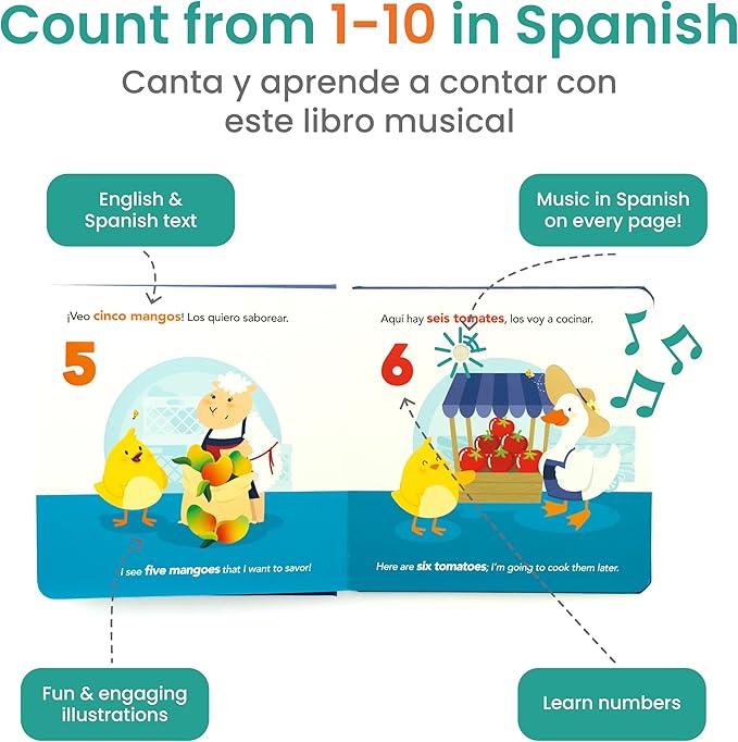 Binibi Spanish Musical Book - Counting at The Market | Bilingual Children's Book for Babies & Toddlers 1-3 | Libro en Espanol para Bebes-CubbioJoy